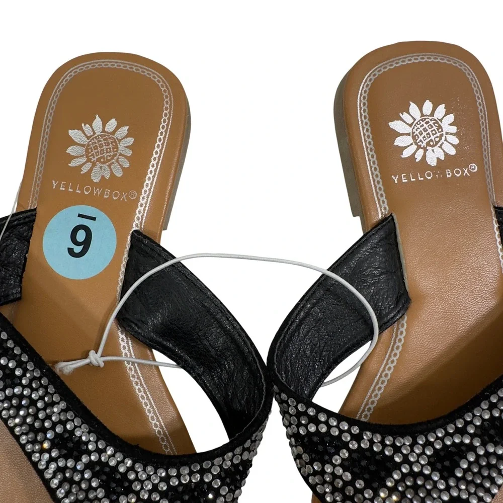 New Yellow Box Womens Black Rhinestone Thong Sandals Flat Flip Flops Size 6 - Picture 4 of 8